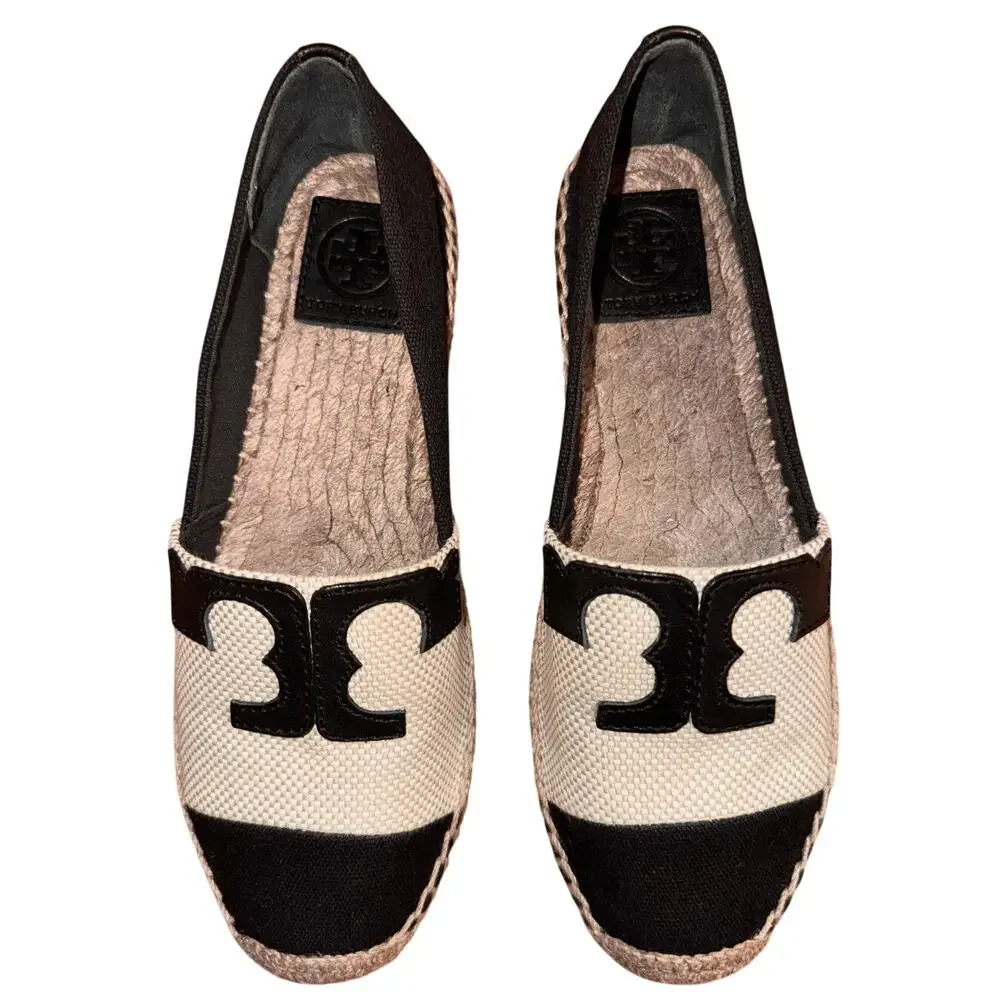 Tory Burch Veranda Espadrille Flats US 6.5 Black Beige Casual Slip-On Shoes NEW